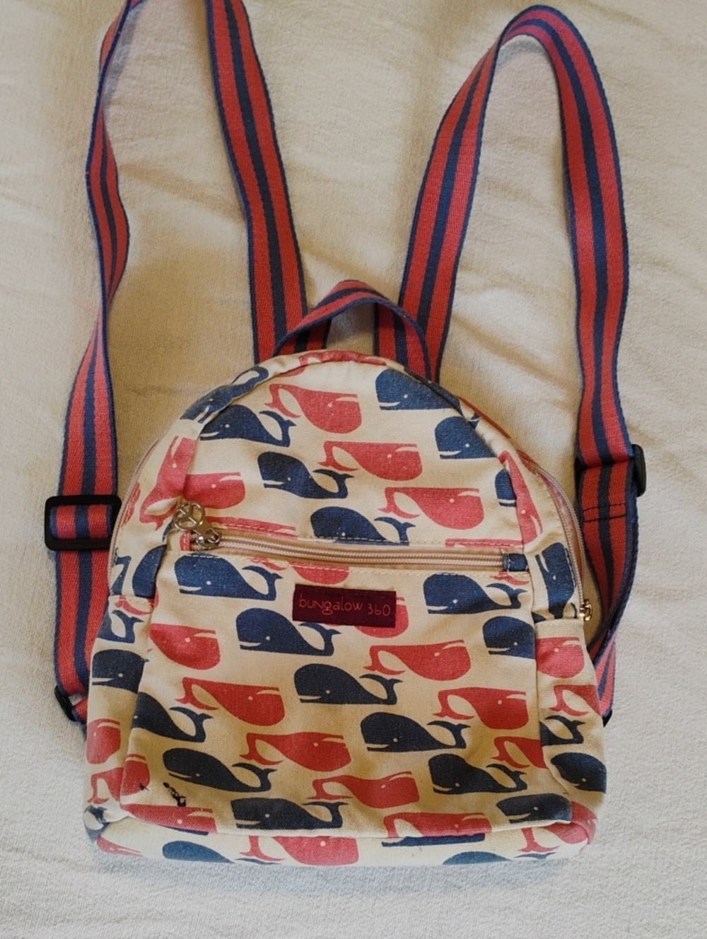 bungalow 360 Cream Mini Backpack with Blue & Coral Whale Print Canvas